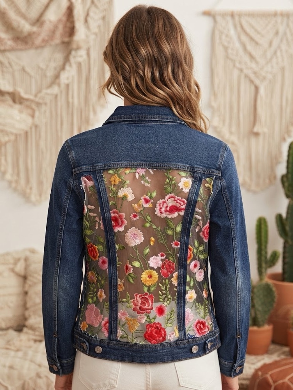 UPCYCLED Embroidered Floral Sheer Back Denim Jacket - Mesh Panels